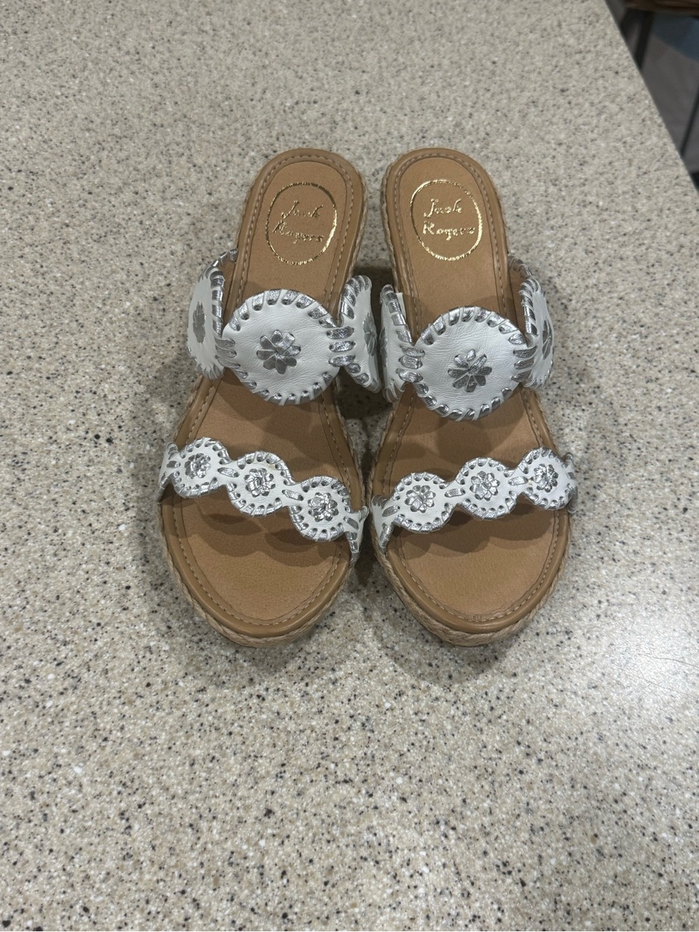 Jack Rogers Silver-Trim White Leather Double Band Slide Sandal